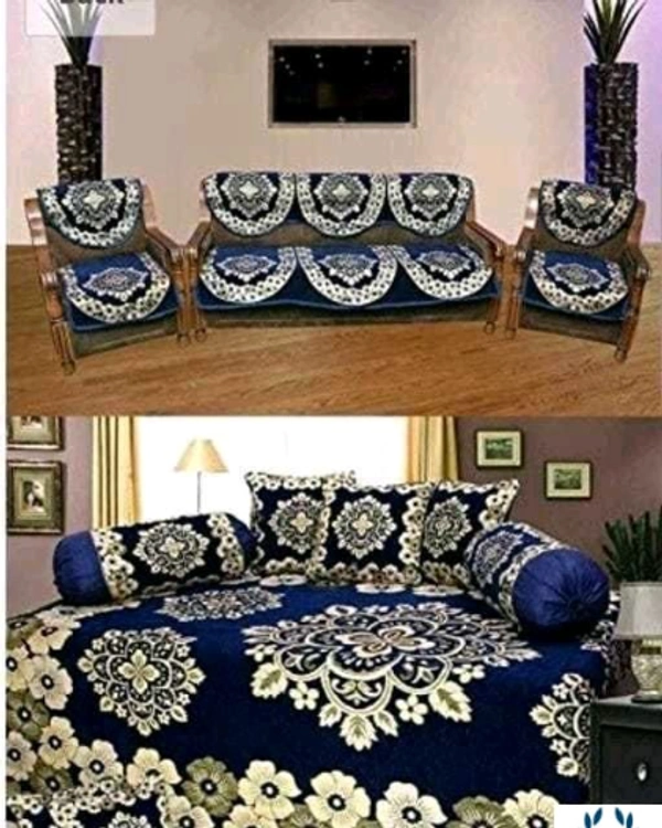 Kanha  Decor presents Chenille attractive designer Diwan set which contain 1 bedsheet , 2 bolster with 5 cushion cover & 10 pcs set sofa cover -  Free Size, Navy BLUE, Chenile, Multipack :1